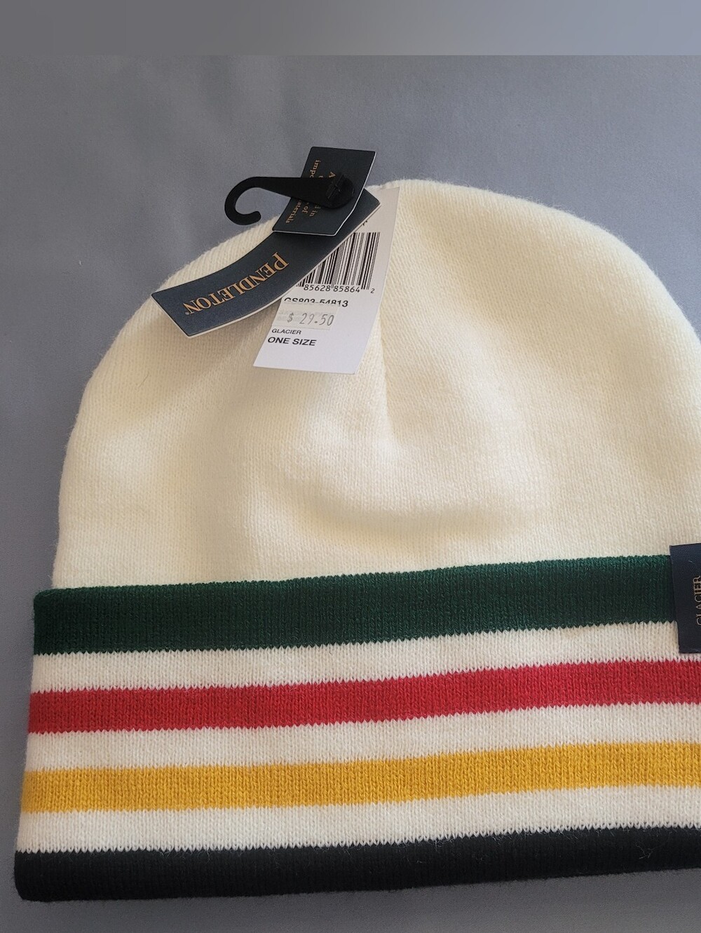 Pendleton Unisex Cream Beanie with Green, Red, Yellow and Black Stripes